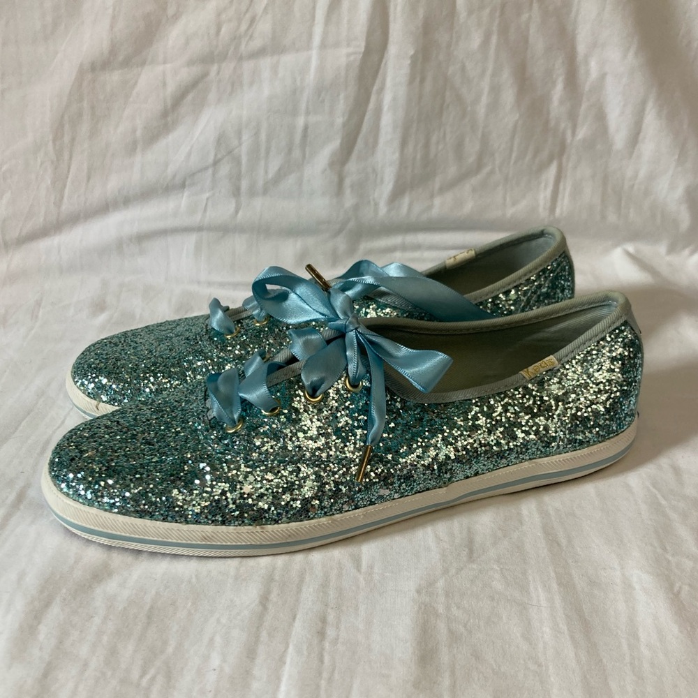 9-21 Kate Spade x Keds Glitter Light Blue Sneaker Shoes Satin Laces Sz 7